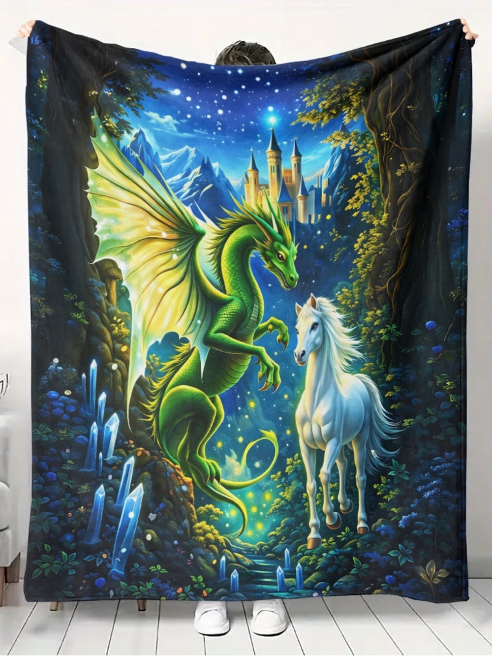 Green Dragon and White Unicorn Fleece Throw Blanket by